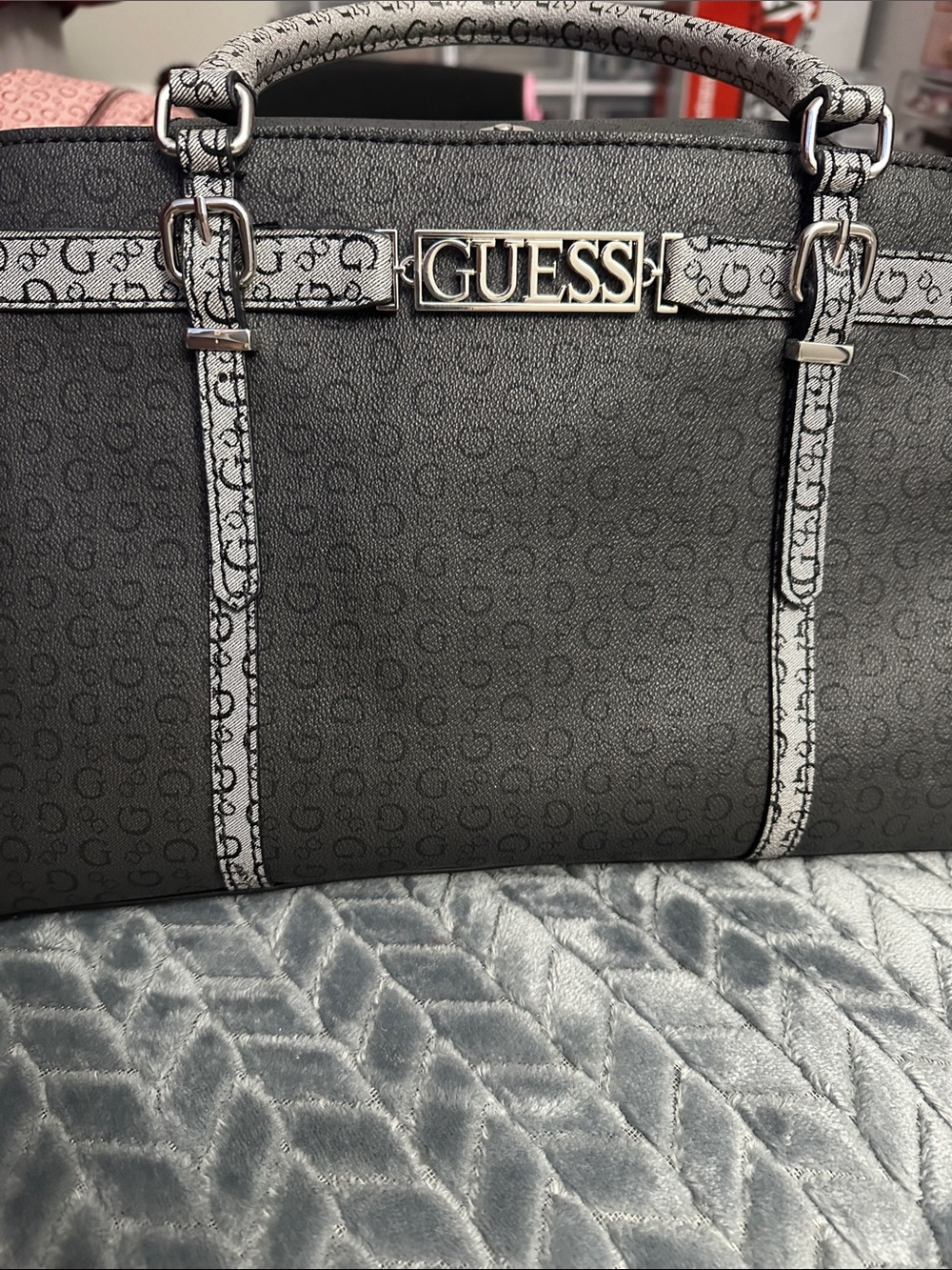 GUESS Black Messenger Bag with Silver Logo Plaque